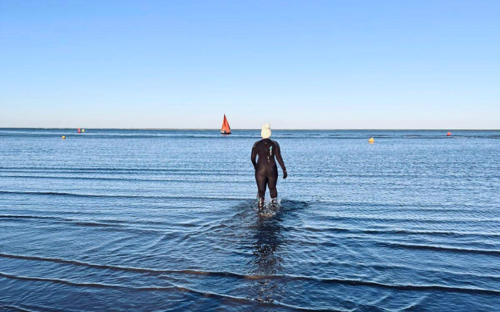 breast cancer charity supporter doing big dip fundraising challenge