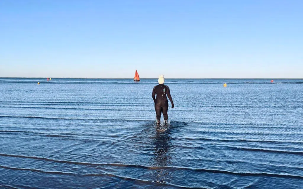 breast cancer charity supporter doing big dip fundraising challenge