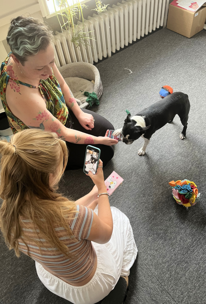 Anya and Emma creating content at Little Lifts HQ