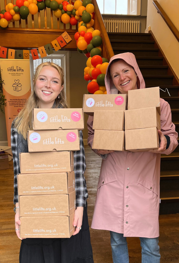 Anya and Shopie with breast cancer gift Boxes