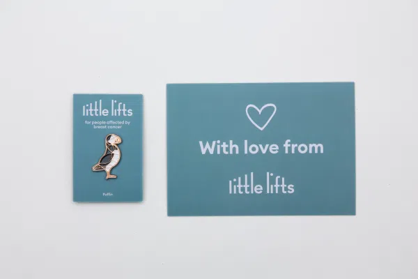 breast cancer charity puffin pin and card