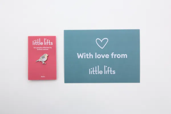 breast cancer charity robin pin and card