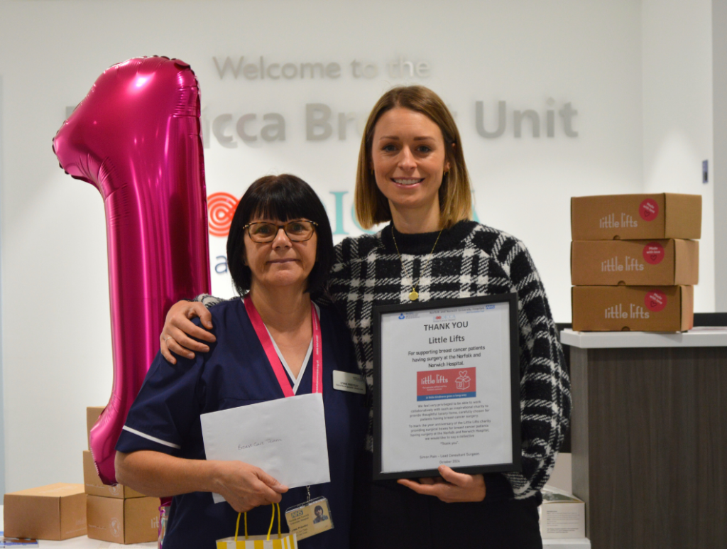 breast cancer charity founder pictured with NNUH team