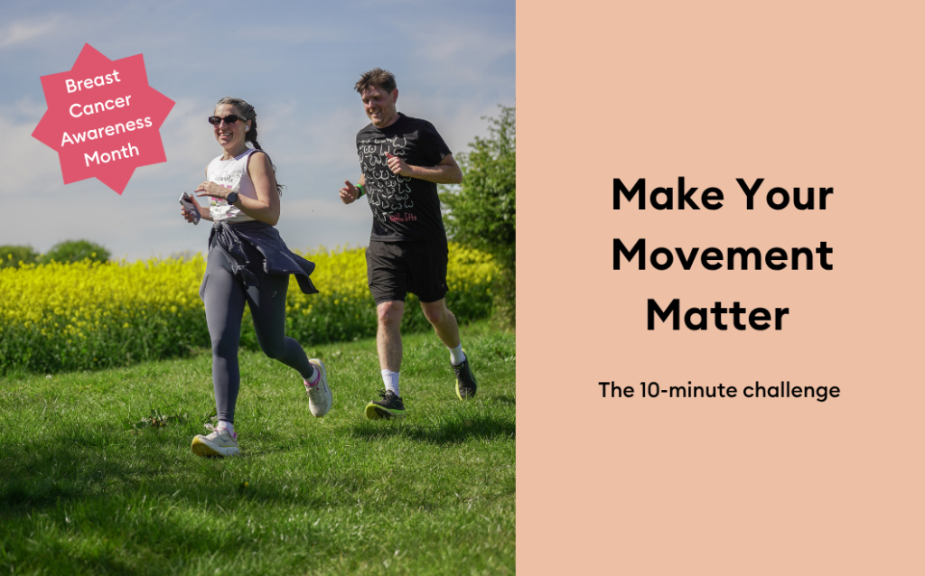 Man and woman jogging outdoors, smiling, with 'Breast Cancer Awareness Month' badge. Text: 'Make Your Movement Matter: The 10-minute challenge'.